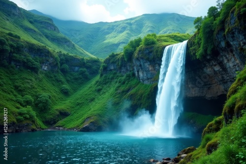 Crystal clear water tumbles down a sheer cliff face, creating a breathtaking waterfall amidst verdant hills , water, adventure, cascade