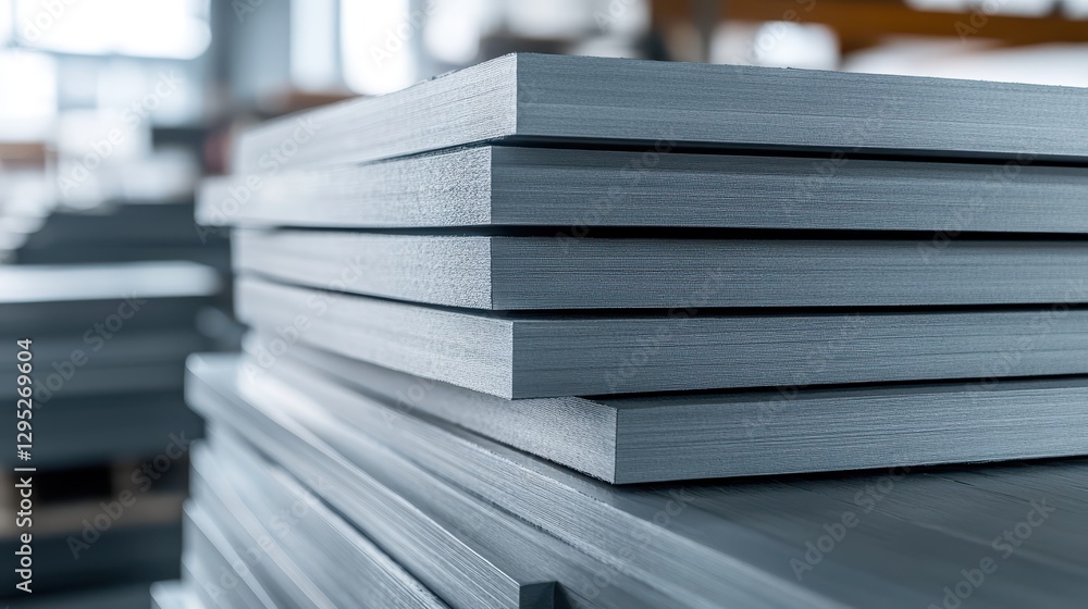 Neatly stacked metal sheets in a warehouse. Illustrates industrial manufacturing and metal supply. Neatly stacked metal sheets in a warehouse. Illustrates industrial manufacturing and metal supply.