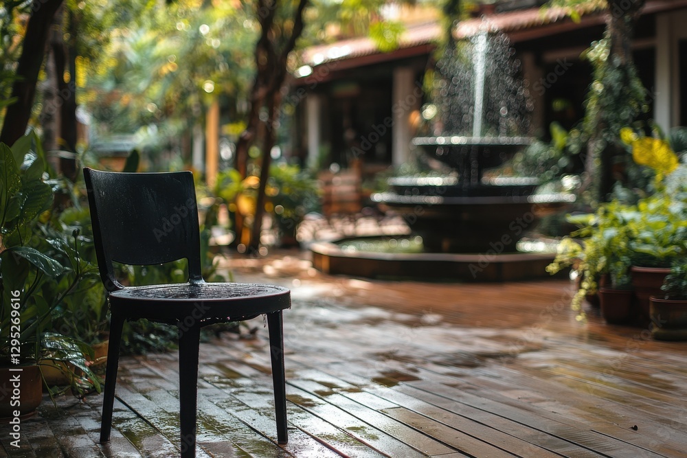 Obraz premium A wet black chair sits on a wooden deck, fountain blurred in background. Relaxing outdoor scene perfect for cafe, resort, or tranquility themes.