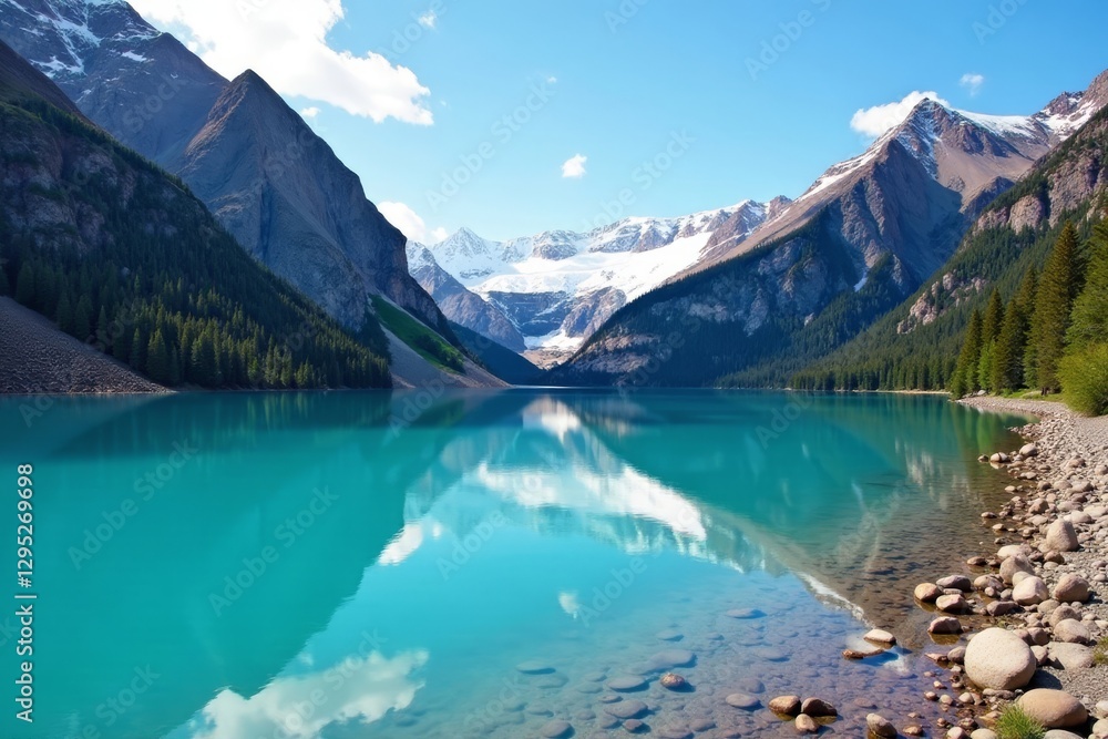 Laguna del Inca's turquoise waters reflect snow-capped Andes peaks , drone shot, lake Laguna del Inca's turquoise waters reflect snow-capped Andes peaks , drone shot, lake