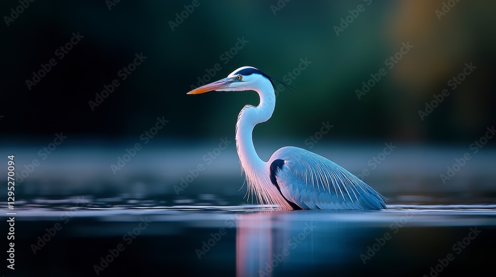 Obraz premium Majestic heron wading gracefully in serene waters at dawn, surrounded by soft natural light