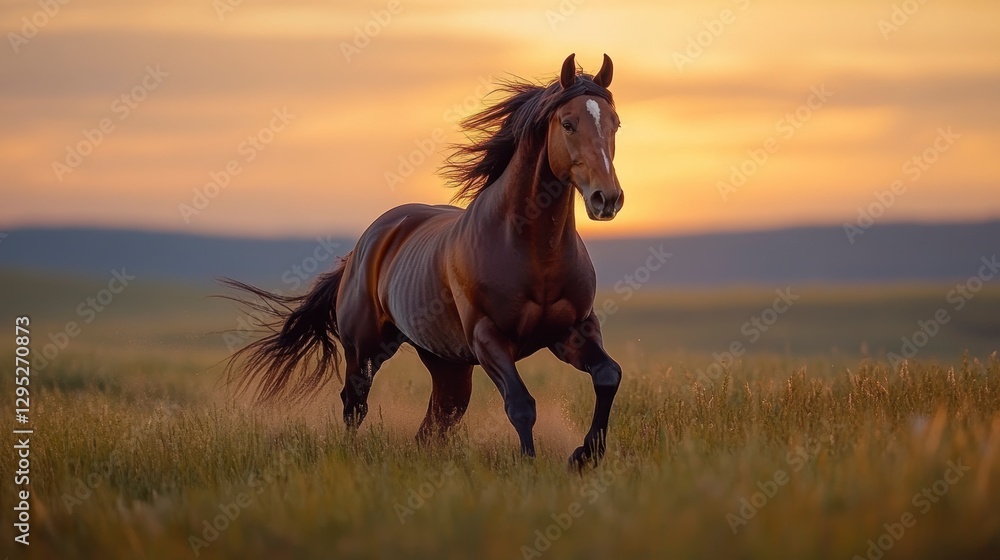 Majestic horse galloping through golden grasslands at sunset with mountains in the background Majestic horse galloping through golden grasslands at sunset with mountains in the background