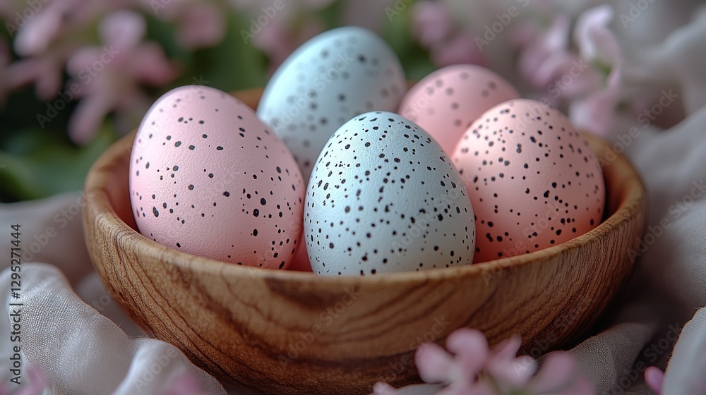 Pastel Speckled Easter Eggs in Wooden Bowl with Spring Blossoms Pastel Speckled Easter Eggs in Wooden Bowl with Spring Blossoms