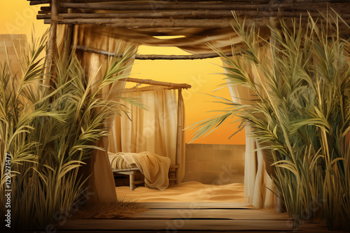 Rustic structure sukkah with curtains sways gently in warm desert breeze, framed by golden grass as sun sets, casting serene glow over sand.