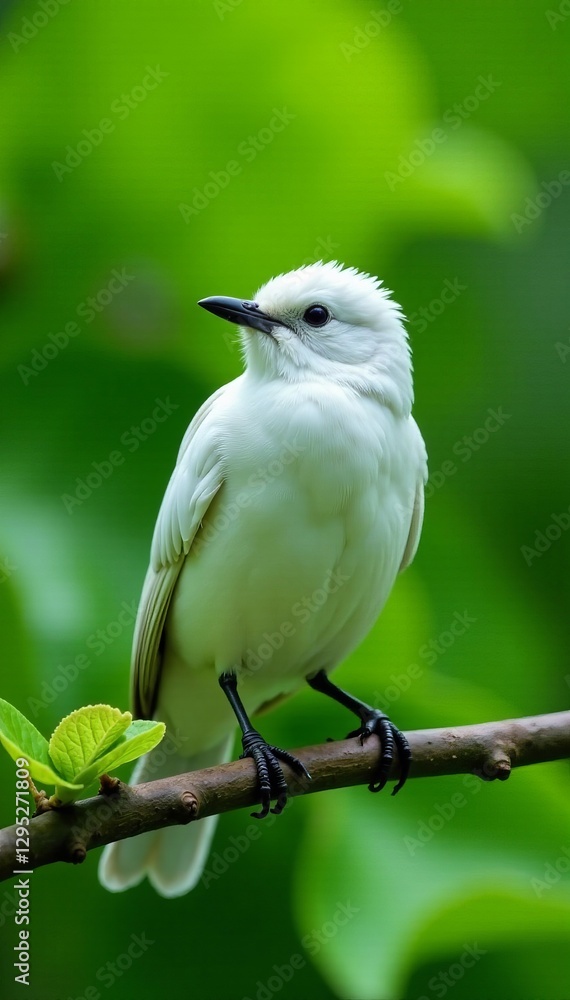 Close-up of white bird perched on branch with vivid green leaves, tranquility, peaceful Close-up of white bird perched on branch with vivid green leaves, tranquility, peaceful