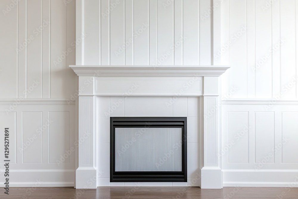 White Fireplace with Wood Paneling in Modern Interior White Fireplace with Wood Paneling in Modern Interior