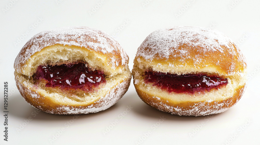 Freshly baked jelly filled donuts dusted with powdered sugar, perfect for sweet treat Freshly baked jelly filled donuts dusted with powdered sugar, perfect for sweet treat