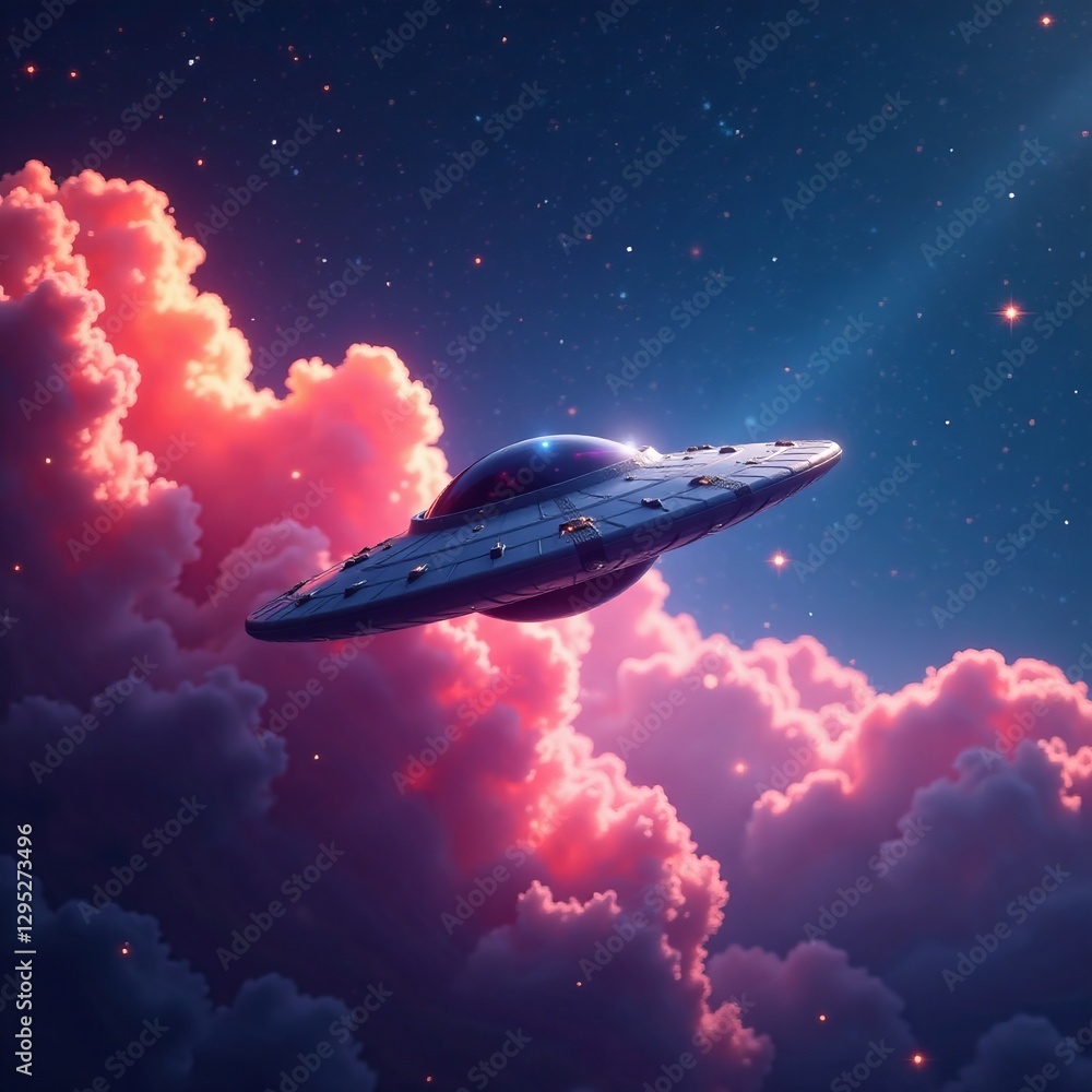Obraz premium Close up view of a sleek UFO flying among colorful nebula clouds in deep space, exploration, adventure, unknown