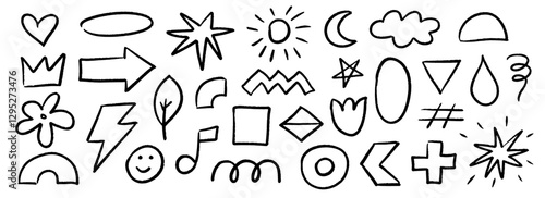 Black crayon hand drawn shape set. Paint brush scribbled element collection. Pencil doodled childish sign and symbols. Rough sketched charcoal arrow, crown, heart, star, squiggle, flower. Vector