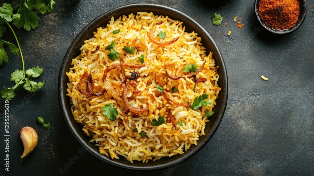Aromatic Traditional Rice Dish Topped with Crispy Onions and Herbs Aromatic Traditional Rice Dish Topped with Crispy Onions and Herbs