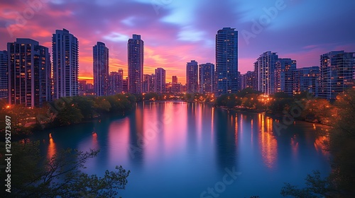 Cityscape sunrise lake reflection, urban dawn