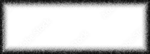 Halftone rectangle grain frame. Black comic dotted border. Pop art fading gradient frame backdrop. Black and white grunge abstract background. Dot texture graphic design wallpaper. Vector