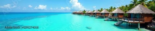 Crystal clear lagoon, overwater bungalows, snorkel gear, sun, tropical