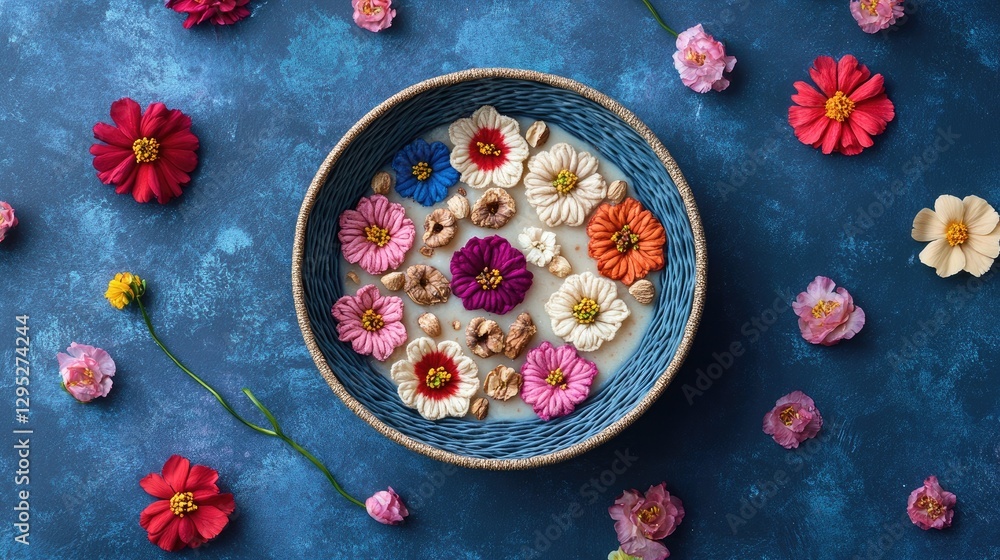 Beautiful Bowl of Edible Flowers and Nuts on Blue Background Beautiful Bowl of Edible Flowers and Nuts on Blue Background