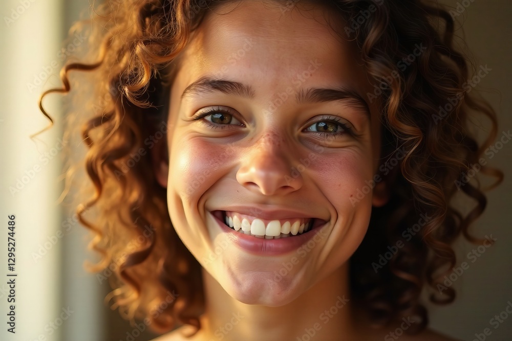 Close-up of a happy toddler with curly hair, gazing at the camera with a bright smile, child, joyful Close-up of a happy toddler with curly hair, gazing at the camera with a bright smile, child, joyful