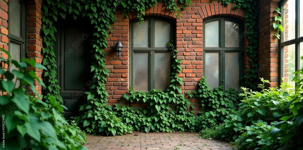 Ivy-covered brick walls, broken windows, overgrown plants, abandoned, brick Ivy-covered brick walls, broken windows, overgrown plants, abandoned, brick