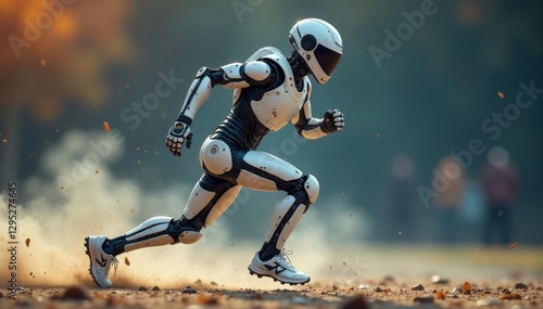 Metallic exoskeleton player sprints, blurred background, robot, running