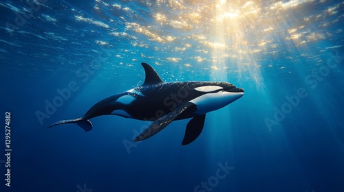 Majestic Orca Swimming Gracefully Beneath Sunlit Ocean Surface in Serene Marine Environment photo