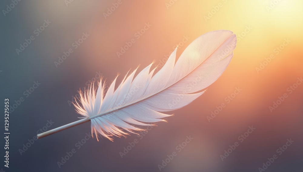 Naklejka premium Single white feather, pastel sunset, soft light, sunrise, summer, airiness