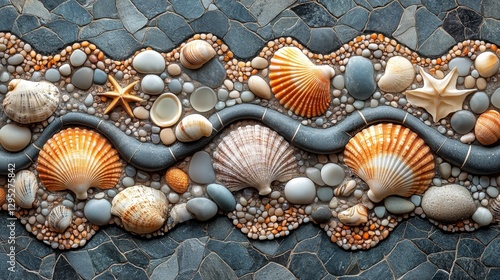 Seashell and Pebble Mosaic Coastal Texture and Design