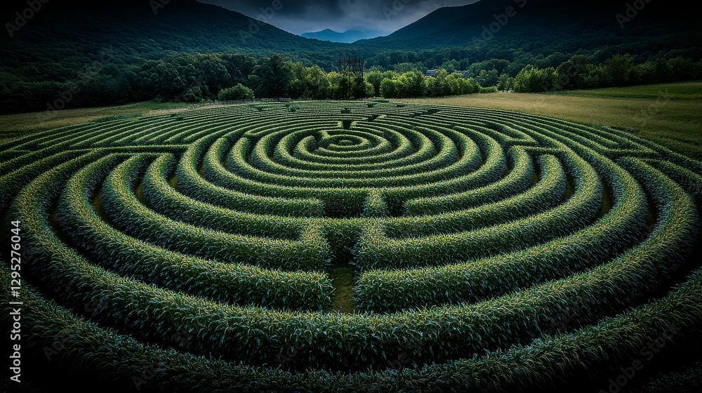Aerial View of a Lush Green Corn Maze in a Scenic Rural Landscape Aerial View of a Lush Green Corn Maze in a Scenic Rural Landscape