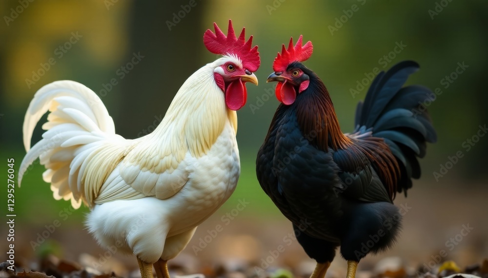 Fototapeta premium Close-up of white rooster and black hen mating , livestock, close, gallus gallus domesticus