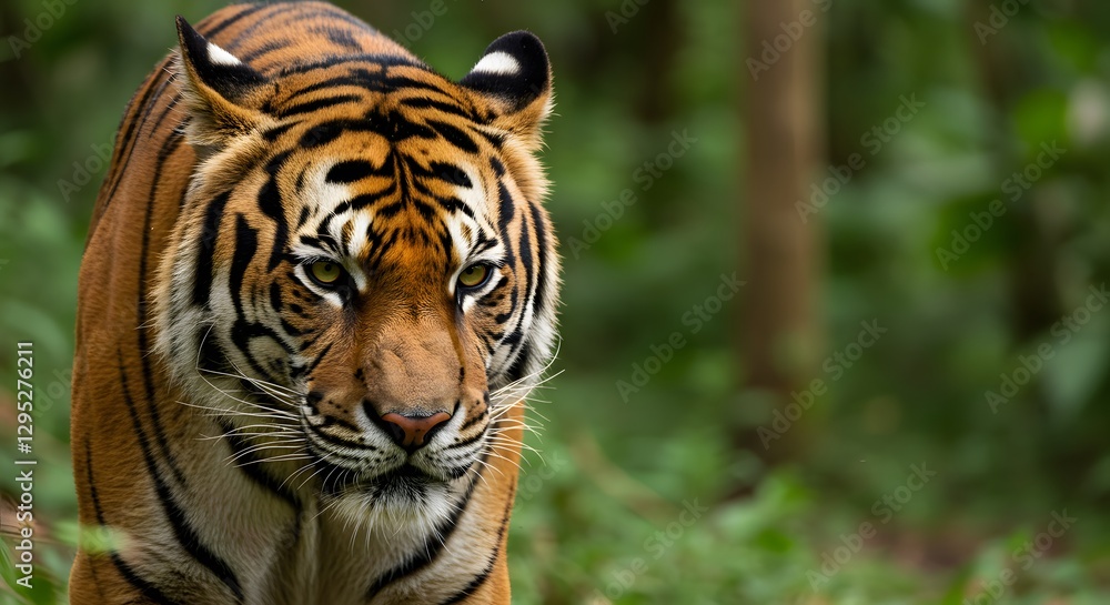 Fototapeta premium Close-Up of a Majestic Tiger in a Vibrant Green Forest Setting