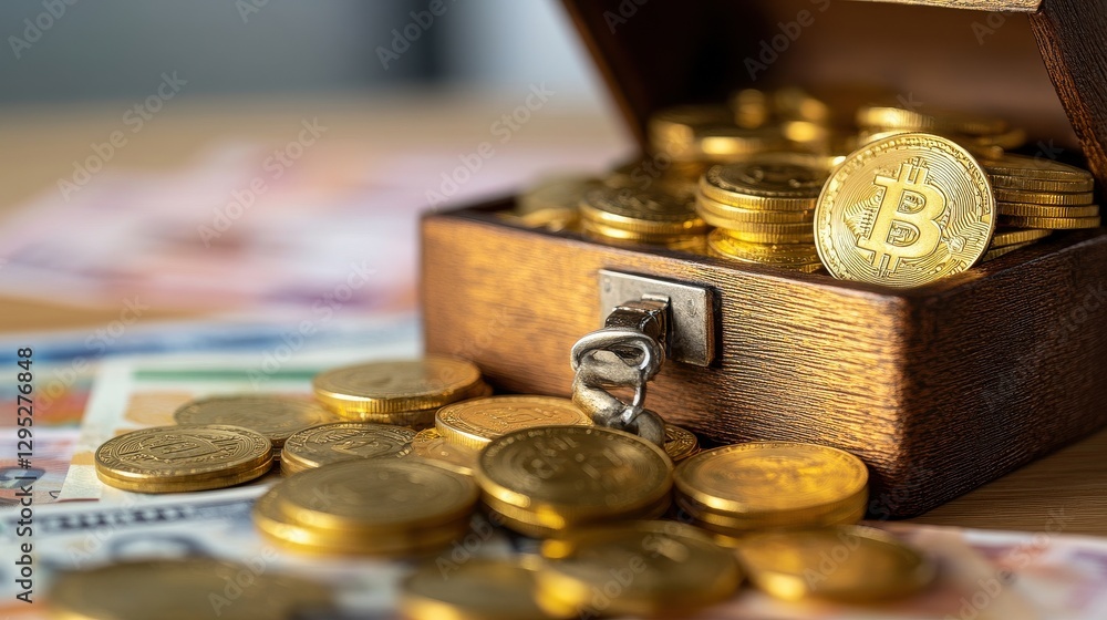 A treasure chest filled with gold coins and a Bitcoin sits atop a pile of various banknotes, symbolizing wealth and digital currency.