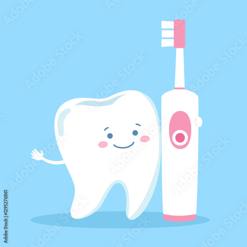 Cute tooth with electric toothbrush in flat design. Brushing teeth. Dental care.