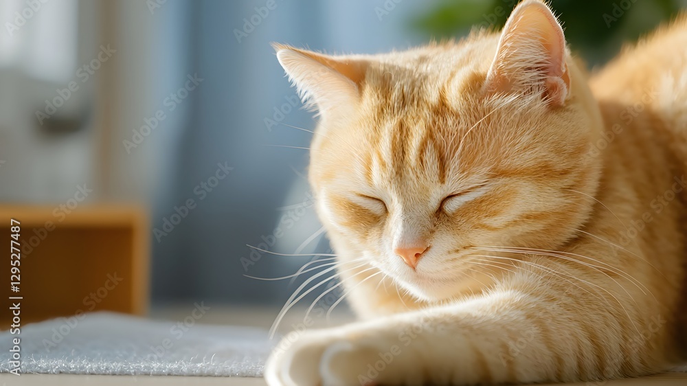 Relaxing Ginger Cat Enjoying Sunlight in Cozy Indoor Setting