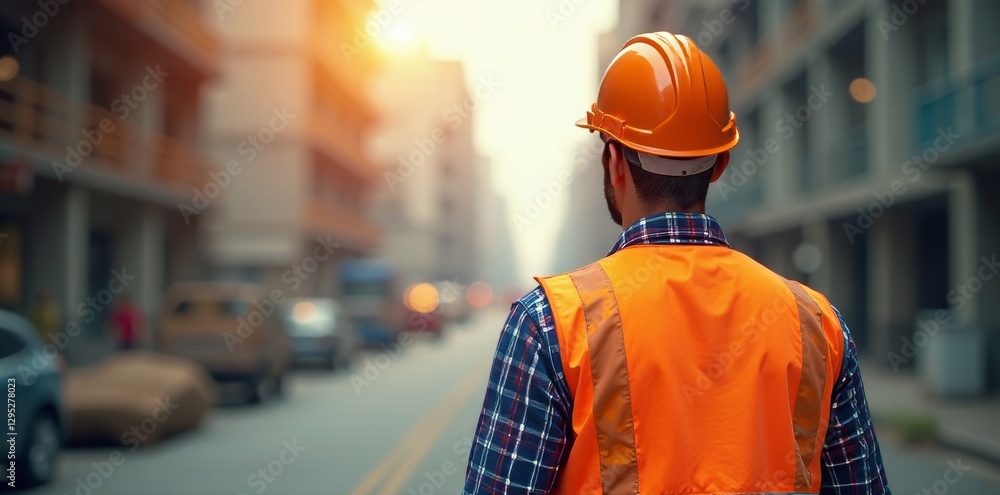 Back of construction worker in orange hard hat and high visibility vest, work, work site, work attire Back of construction worker in orange hard hat and high visibility vest, work, work site, work attire