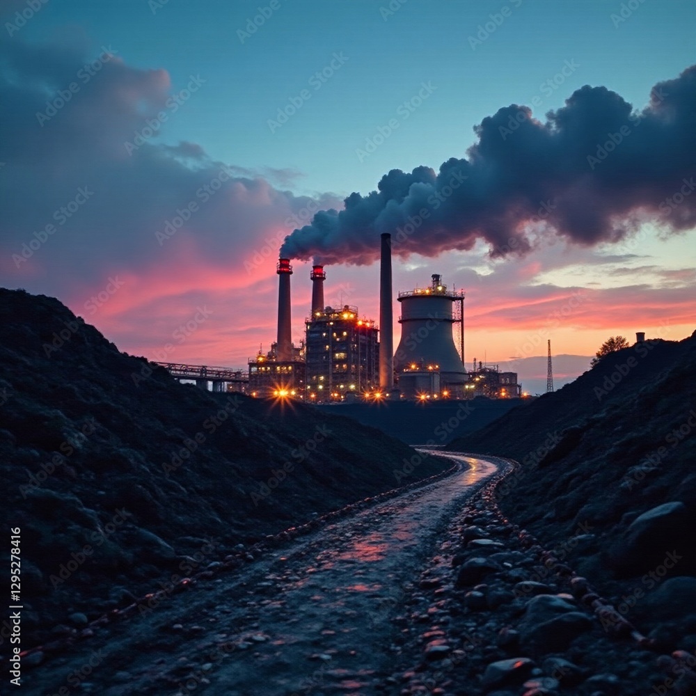 Fototapeta premium Dusk settles on coal plant, smokestacks billow, conveyors rumble , background, smoke, industry