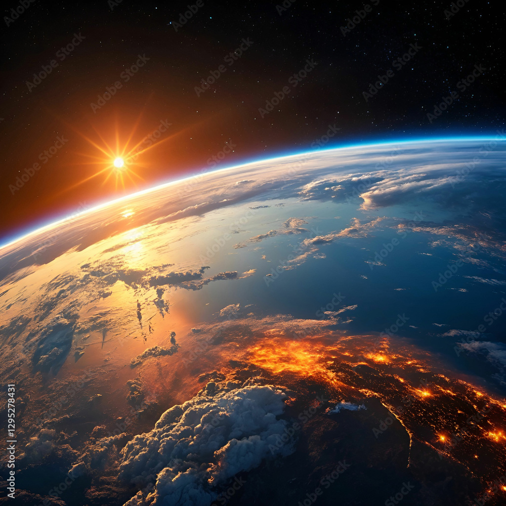 A sunrise view from Earth orbit, with the atmosphere glowing in shades of blue and orange. A sunrise view from Earth orbit, with the atmosphere glowing in shades of blue and orange.