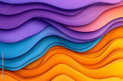 Colorful abstract background with wavy shapes and gradients, featuring a purple, orange, yellow, and blue gradient in a paper-cut style.