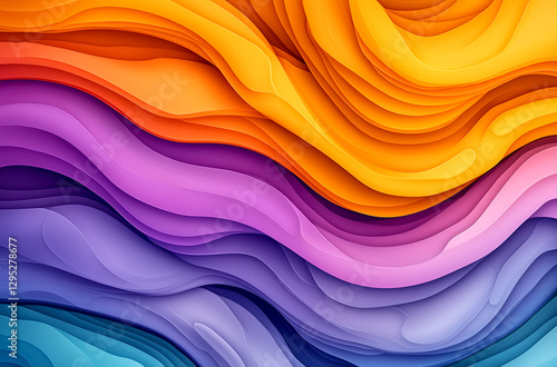 Colorful abstract background with wavy paper-cut shapes in purple, orange, and blue colors.