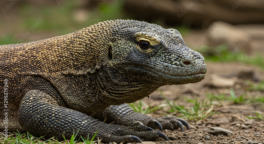 Close-Up Portrait of a Komodo Dragon Resting on Green Grass Close-Up Portrait of a Komodo Dragon Resting on Green Grass