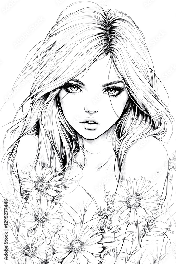 Fototapeta premium A woman with long blonde hair is drawing flowers. The flowers are in the background and the woman is the main focus of the drawing. The drawing has a calm and peaceful mood