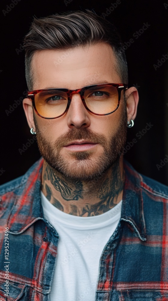 Obraz premium Portrait of a Young Adult White Male with Tattoos and Glasses in a Dark Background, Featuring a Checked Shirt and Pierced Ears
