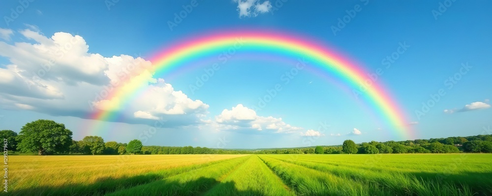 Colorful rainbow spanning across blue sky over peaceful rural landscape, panorama, fields Colorful rainbow spanning across blue sky over peaceful rural landscape, panorama, fields