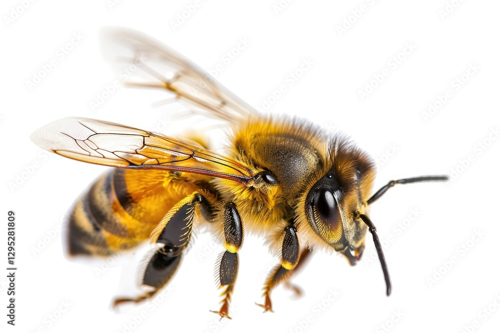 A Stunning Bee is Flying, Isolated on White Background, Macro, Incredible Pollinator A Stunning Bee is Flying, Isolated on White Background, Macro, Incredible Pollinator