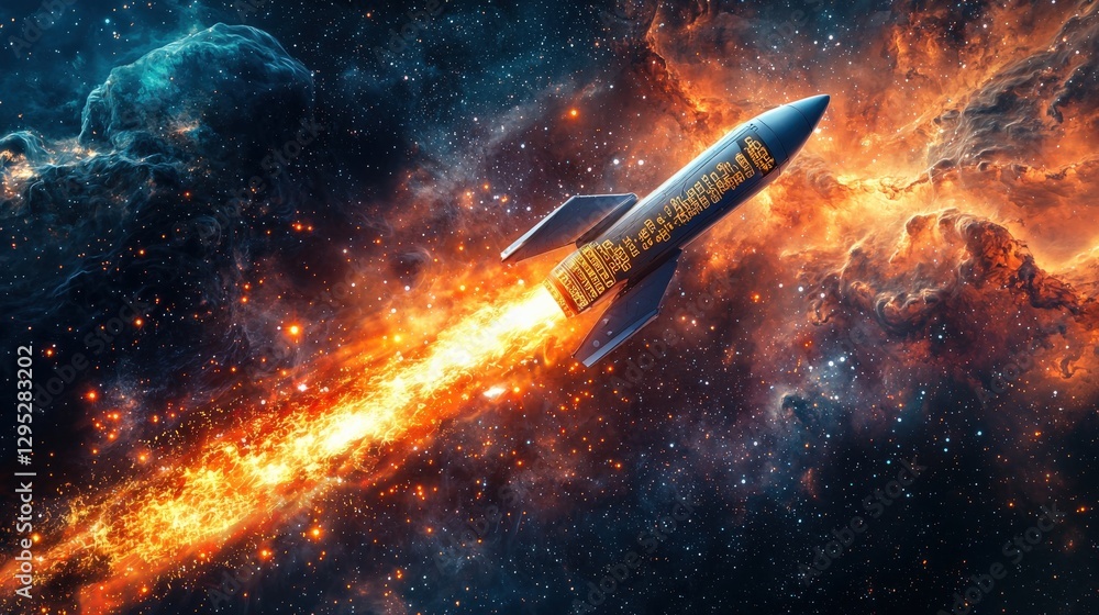 A rocket blasting off into space, leaving a trail of golden blockchain codes, symbolizing the fusion of technology and space exploration. A rocket blasting off into space, leaving a trail of golden blockchain codes, symbolizing the fusion of technology and space exploration.