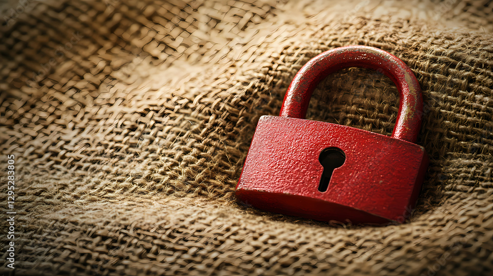 Fototapeta premium Close-Up of Red Lock on Burlap Fabric