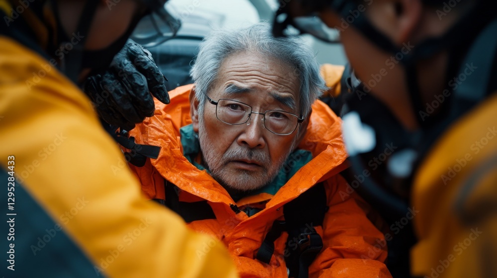 low-angle shot from an Asian elderly man being carefully lifted onto a military evacuation truck by rescue personnel low-angle shot from an Asian elderly man being carefully lifted onto a military evacuation truck by rescue personnel