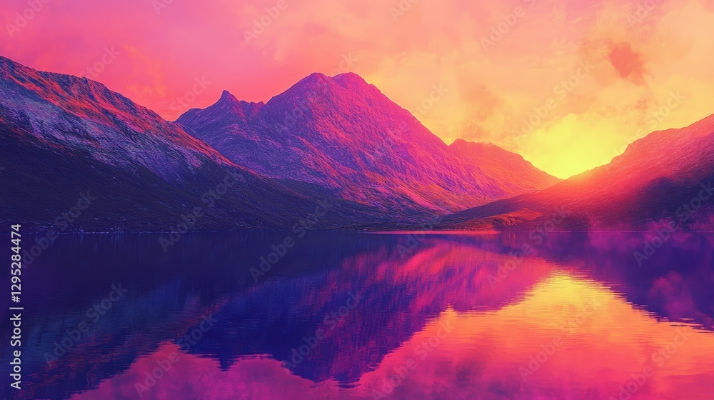 Obraz premium Vibrant sunset over majestic mountains, reflecting in a still lake. Ideal for travel, nature, or serenity themes, evokes peace and tranquility.
