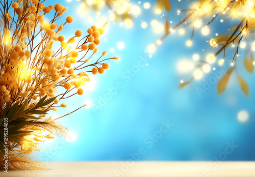 Background wallpaper with yellow flowers and wheat in a vase, soft blue bokeh lights, and ample copy space for text, all in an autumn theme.
