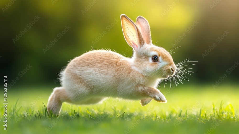 Playful rabbit leaps across a vibrant green meadow under soft sunlight, with blurred trees in background Playful rabbit leaps across a vibrant green meadow under soft sunlight, with blurred trees in background