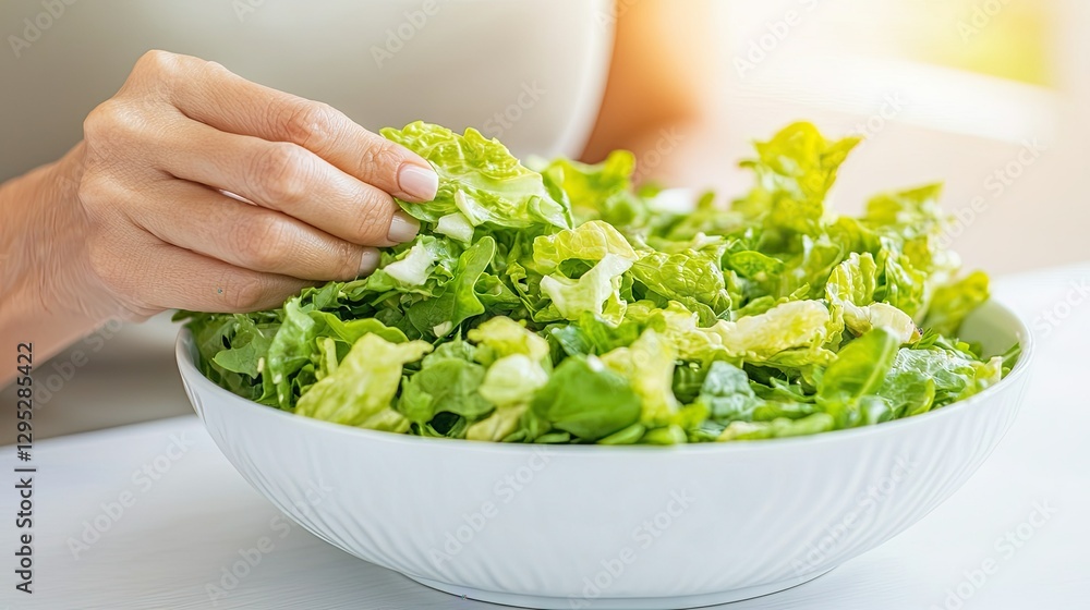 A person is preparing fresh lettuce in a white bowl, exemplifying healthy eating and vibrant colors in a well-lit kitchen. A person is preparing fresh lettuce in a white bowl, exemplifying healthy eating and vibrant colors in a well-lit kitchen.