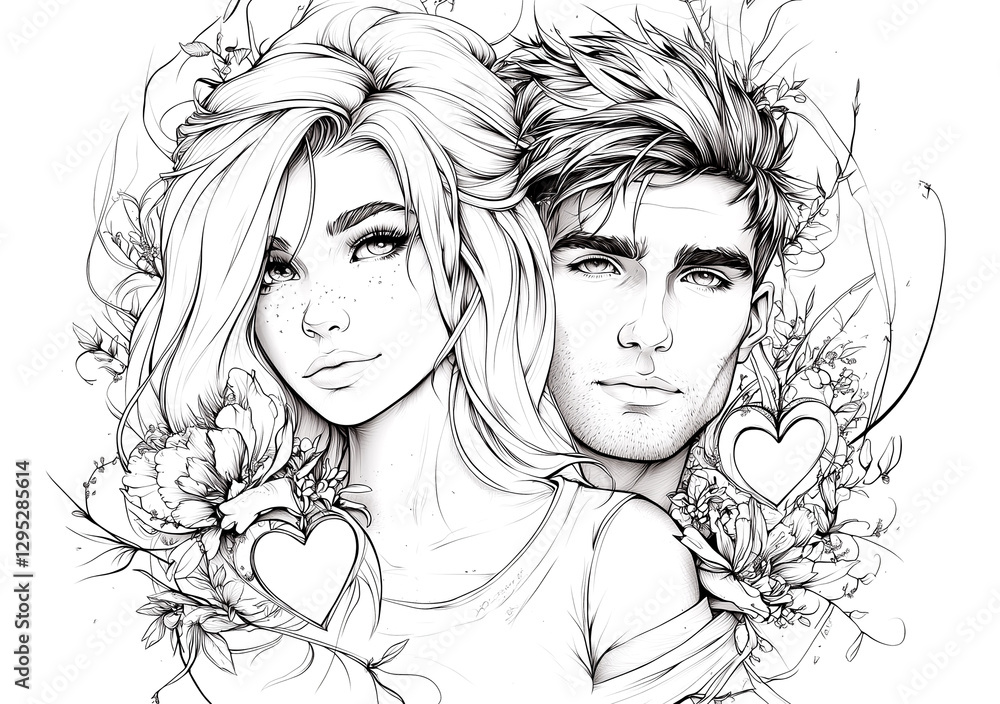 Fototapeta premium A coloring page of an attractive couple with beautiful hair, surrounded by flowers and hearts. Clean line art style, no shading, highly detailed sketchy drawing.