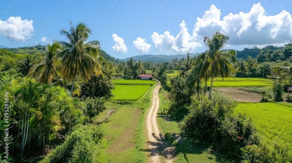 Fototapeta premium Serene Countryside Vista: Lush Green Rice Paddies and Palm Trees