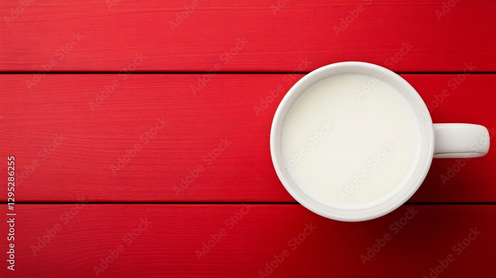 A glass of milk and a red cup on a table with dishware A glass of milk and a red cup on a table with dishware